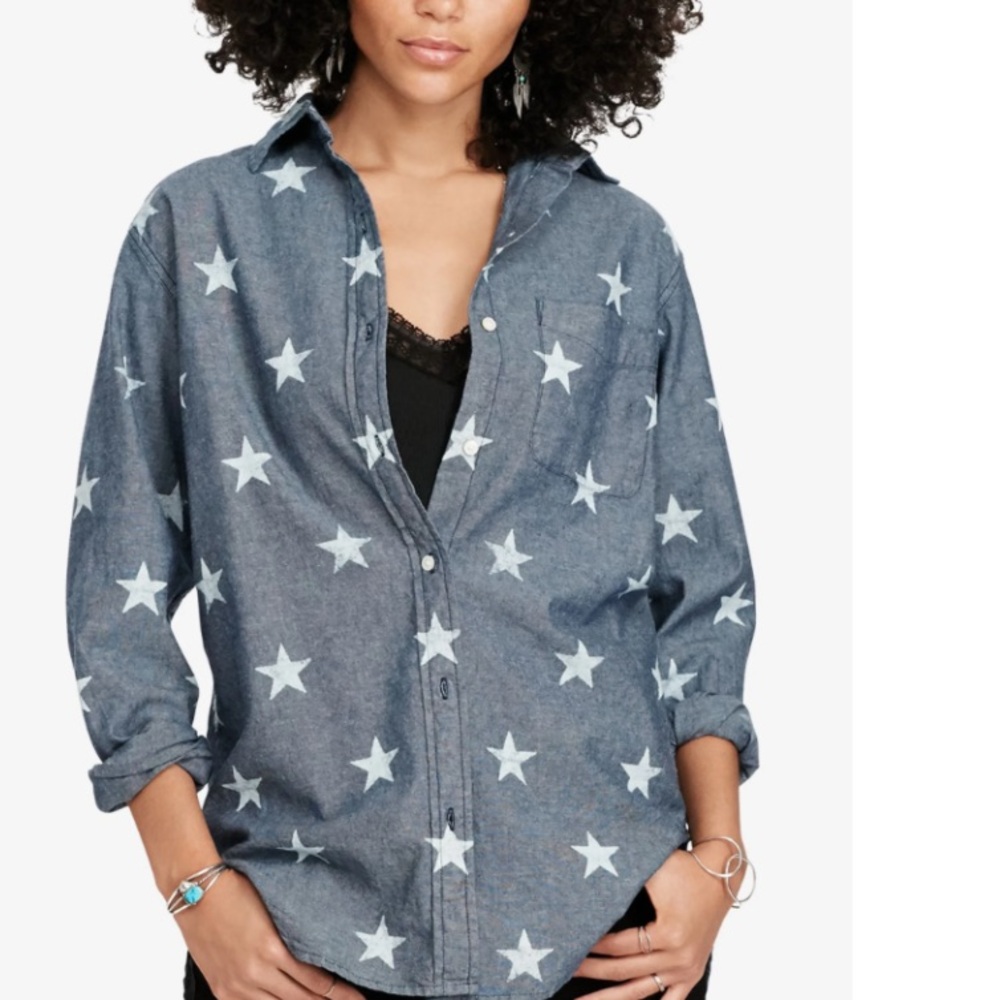 NWT Ralph Lauren Star Print Chambray Button-Up Shirt - Blue. XL